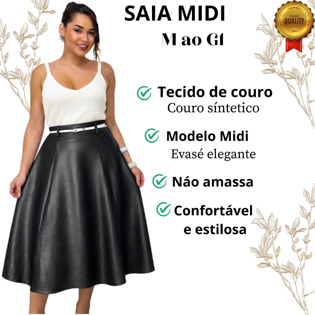Saia Couro Feminina Midi Cintura Alta Moda Elegante Casual Tendência 2026 M G GG G1