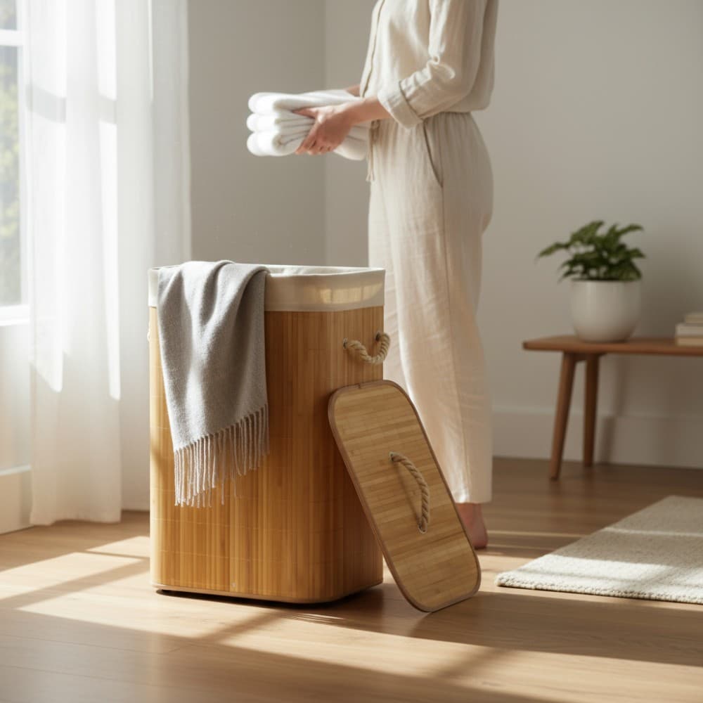 Cesto Roupa Suja Bambu Tampa Saco Removível Alça Corda Dobrável Quarto Banheiro Natural Wincy