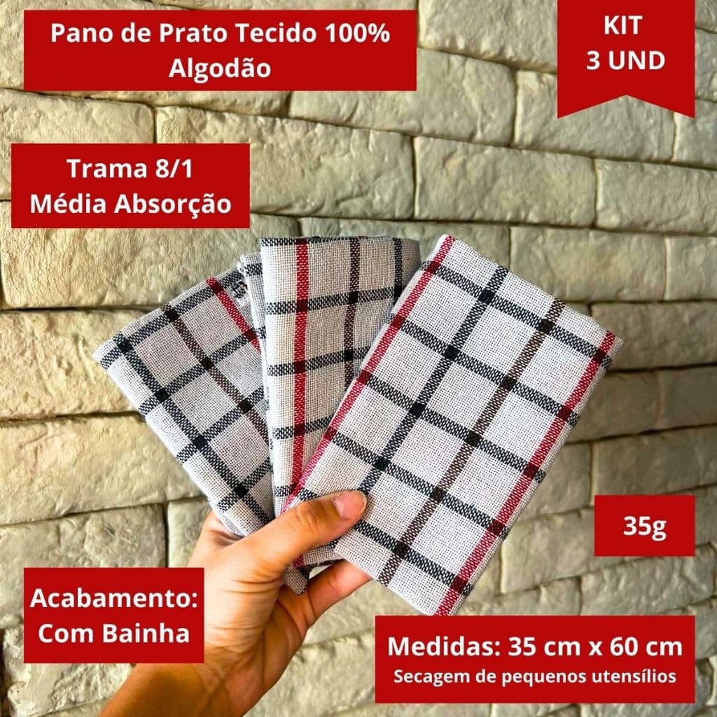 Kit 3 Panos de Prato Xadrez Barato 100% Algodão - Pano de Pia 35x60 - Prático, Moderno e com Ótimo Preço