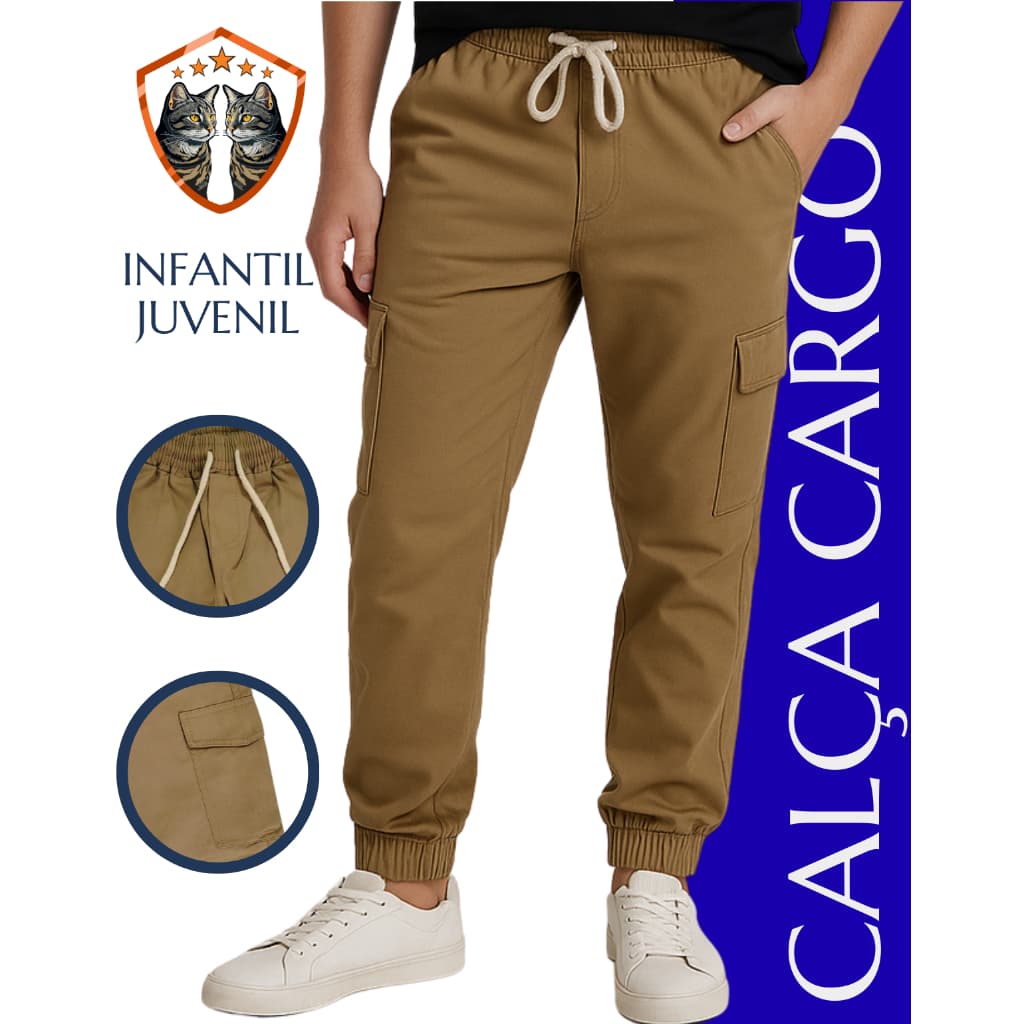 Calça Cargo Bege Escura Cáqui Linda Menino Masculino Infantil Juvenil Tamanhos 4 6 8 10 12 14 16