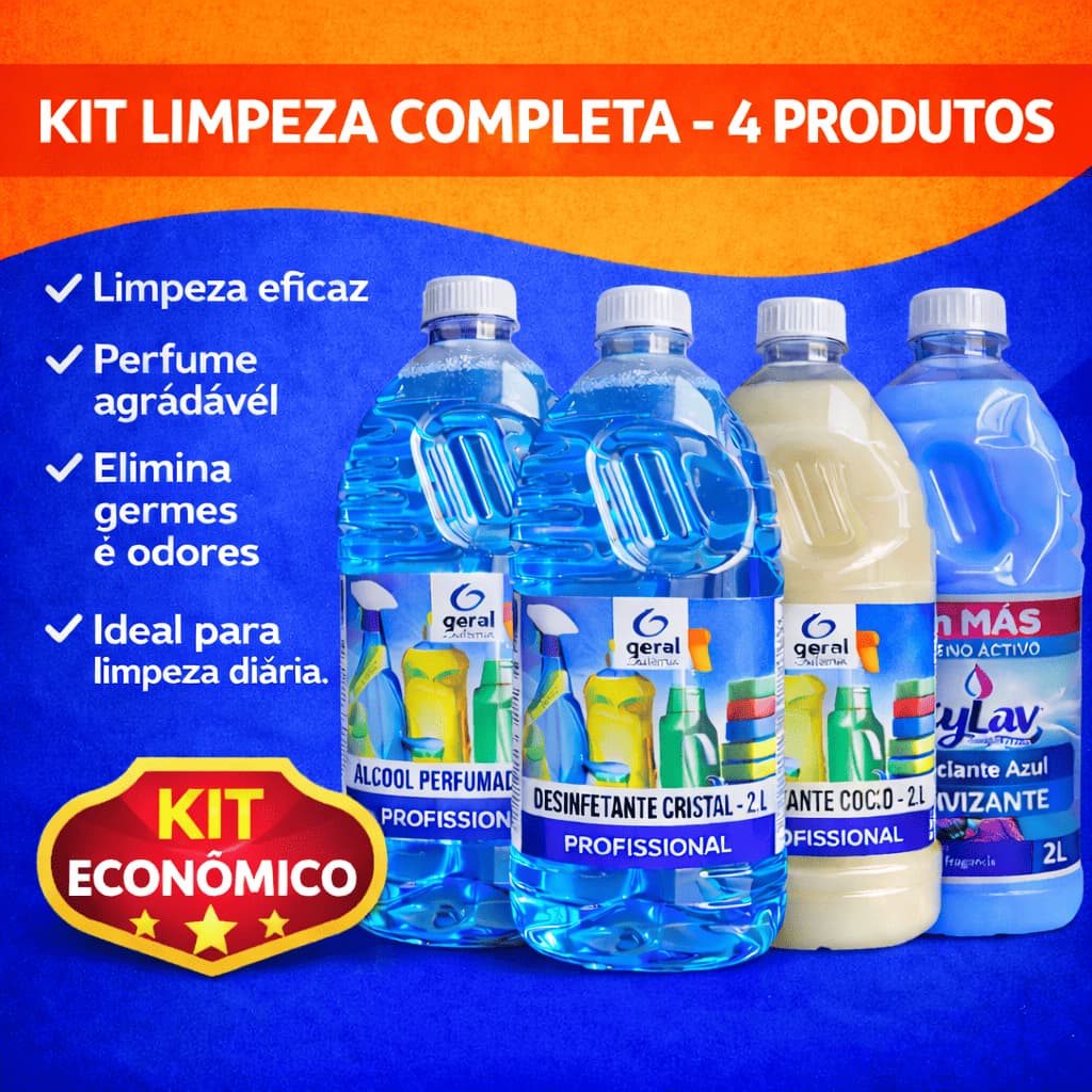Kit Limpeza Completa 4 Produtos 2L – Álcool Perfumado + Desinfetante + Detergente Coco + Amaciante Azul