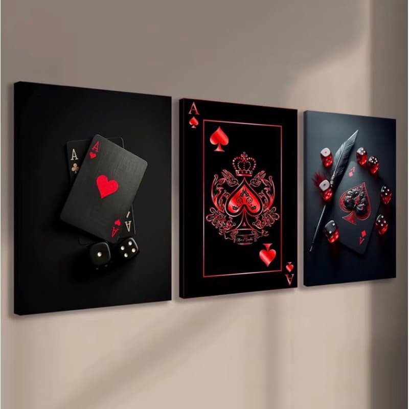 Kit 3 Quadros Decorativos Poker Cartas Ás de Copas e Dados – Estilo Moderno Black & Red