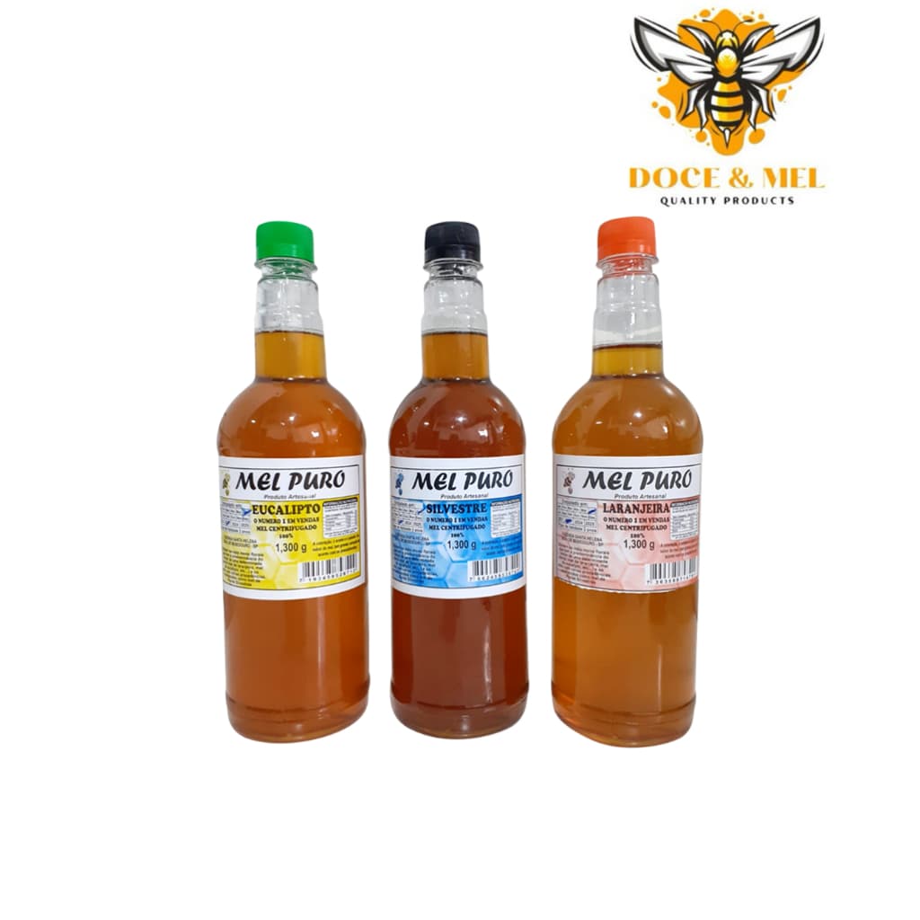Promoção Kit 3 Garrafas De Mel 100% Puro Florada Eucalipto, Silvestre e Florada Laranjeira 1,3kg Doce&Mel