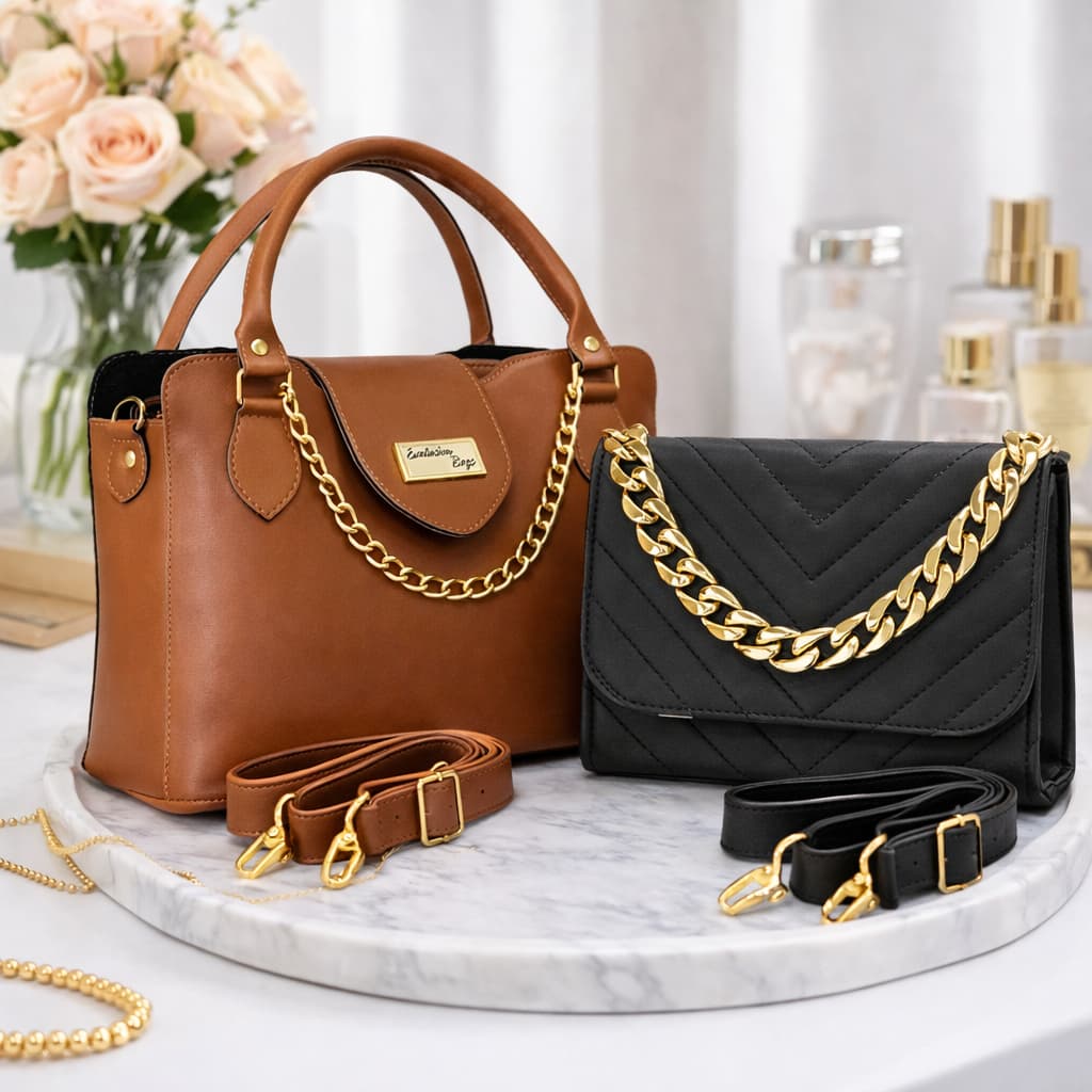 Kit Bolsa Feminina 2 Peças Elegante com Corrente Dourada e Alça Regulável