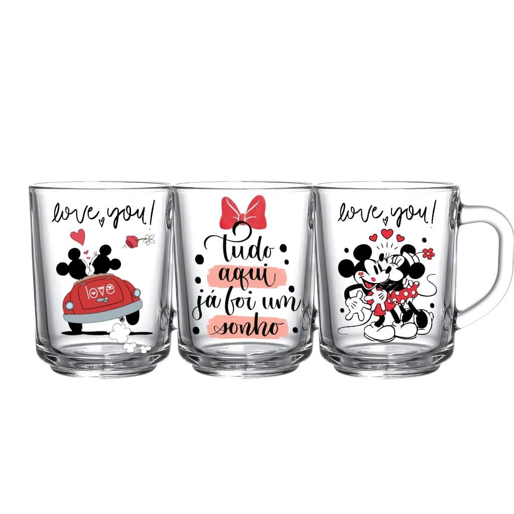 Jogo 3 Canecas Café Mickey e Minnie Estampada Colorida 225ml Vidro