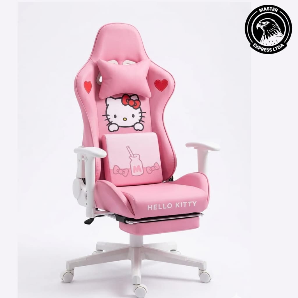 Cadeira gamer Hello Kitty Rosa com descanso para pés e almofada