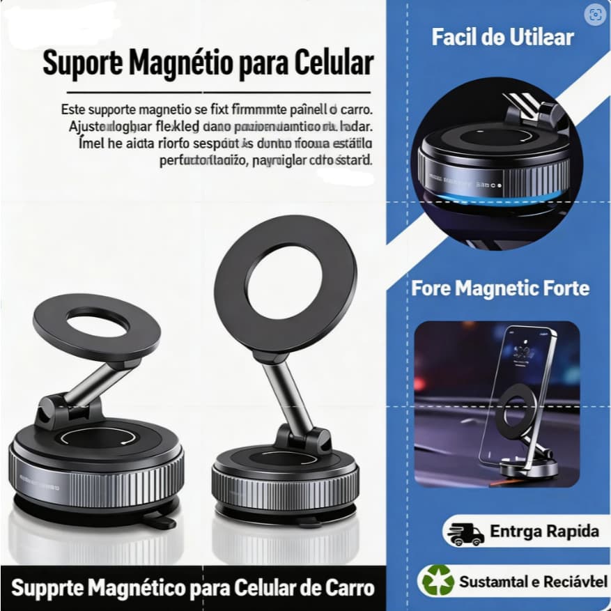 Suporte Magnético para Celular de Carro Forte Ajustável 360° Fácil de Usar Frete Grátis