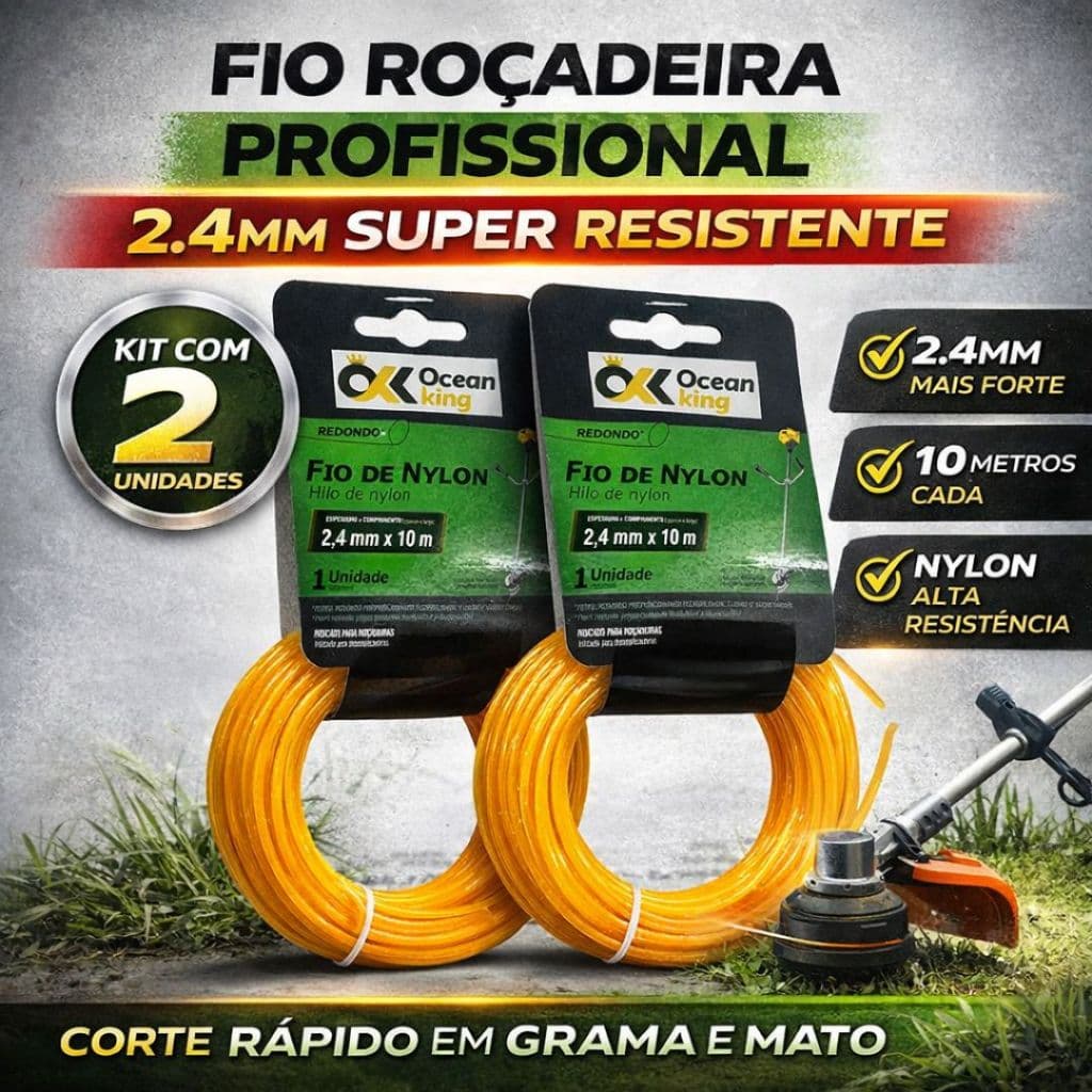 Kit 2 Fio Roçadeira 2.4mm Torcido 10m Preto Alta Resistência Corte Profissional