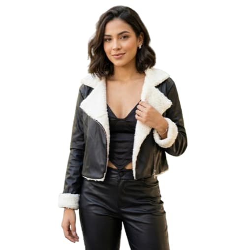 jaqueta biker feminina, jaqueta couro sintético PU, jaqueta peluciada sherpa, jaqueta cropped inverno, casaco feminino f