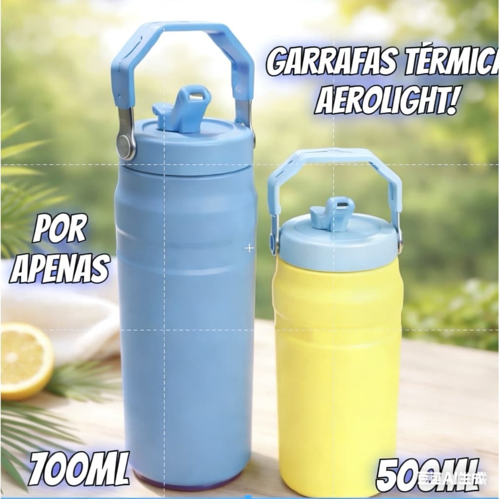 Garrafa Térmica Aerolight 500ML/700ML Inox Flip Straw Canudo Embutido e Alça Antivazamento OFERTA LANÇAMENTO |