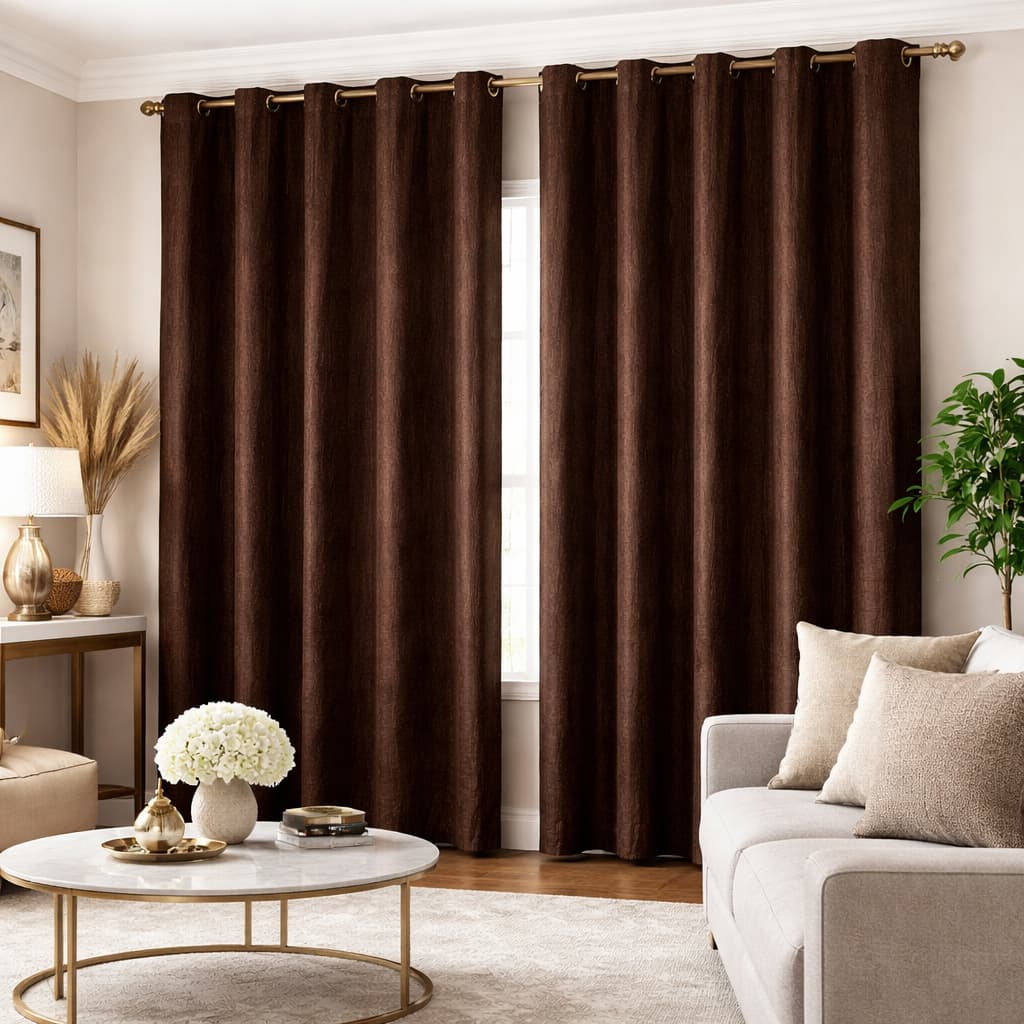 Cortina Em Cetim Amassadinho - Quarto Ou Sala - Para  Varão - 3,00 x 2,50 - Marrom Escuro
