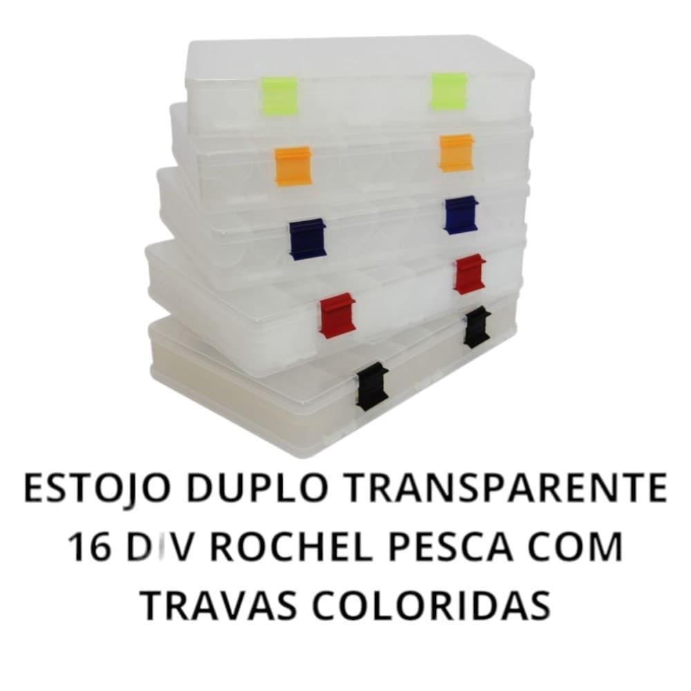 Combo 2 Estojo Dupla Face Organizador Isca Artificial Transparente  (16 divisórias) - Rochel Pesca.