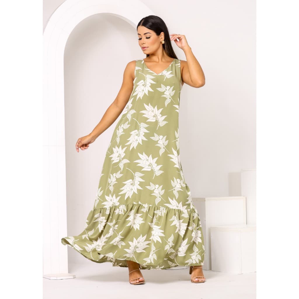 Vestido Longo Estampado Feminino Bolso Leve Fresco Confortável