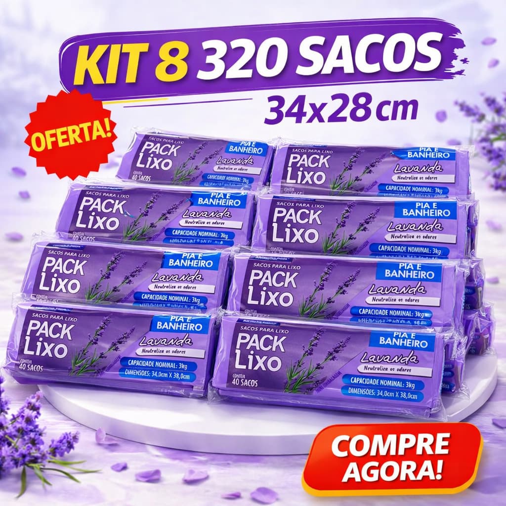 Kit 8 Sacos de Lixo Perfumados Lavanda 320 Sacos Para Pia e Banheiro 34x38cm Neutraliza Odores