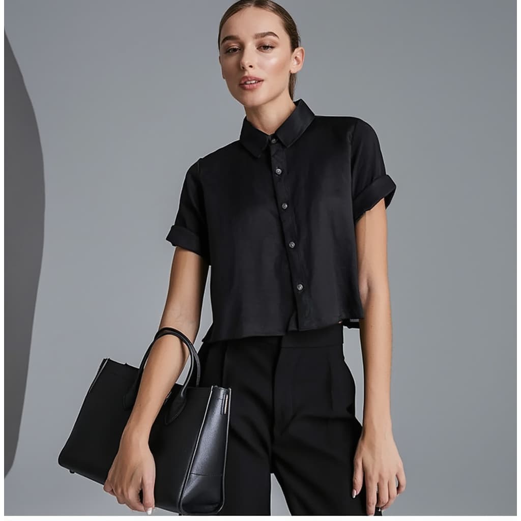 Camisa Feminina de Botão Manga Curta Casual  Blusa Moderna Estilosa Fresquinha Dia a Dia Versátil