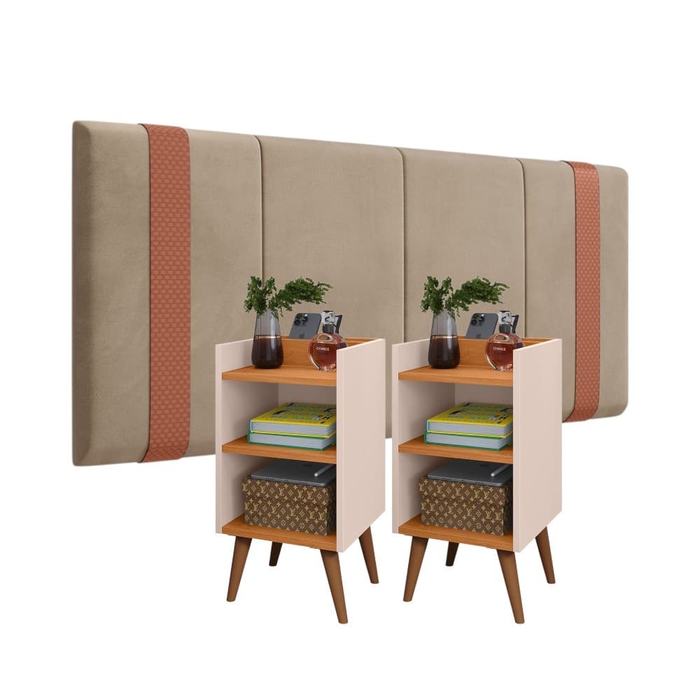 Conjunto 2 Mesas de Cabeceira Max com Nicho Apoio e 1 Cabeceira 1,40 Casal Corino Modelo Elegante