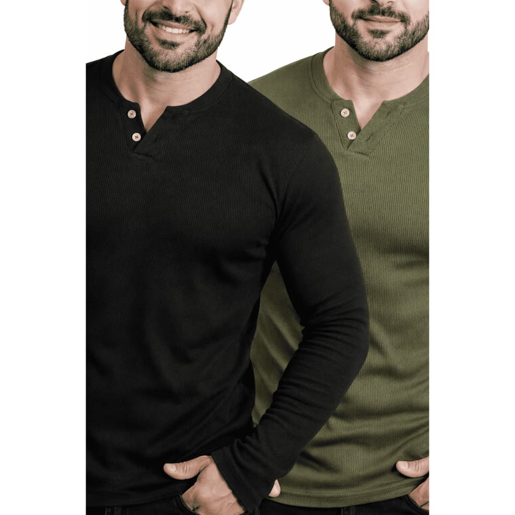 Kit 2 Camiseta Henley Masculina Slim Fit Manga Longa 2 Botões Malha Algodão Canelado