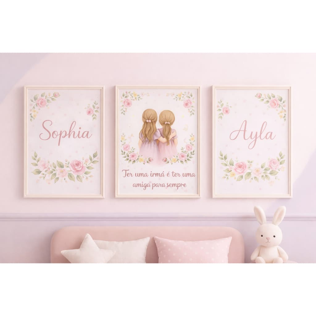 Quadro Decorativo 3 peças Irmãs Personalizado Com Nome Menina Decoração Infantil Amiga Para Sempre