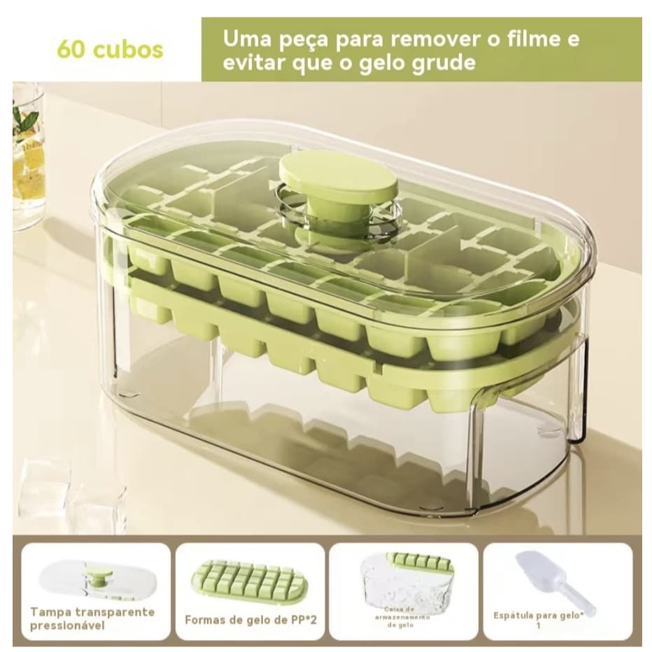 Forma de Gelo Camada Dupla com Tampa, Bandeja, Recipiente e Colher Inclusa 2 Formas Empilháveis