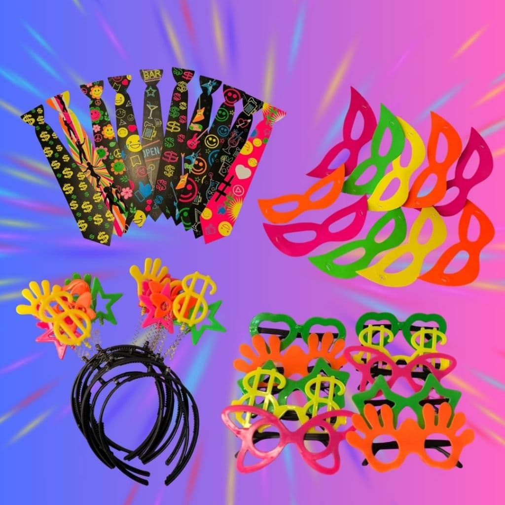 Kit 40 itens Adereços Festa Neon Balada Aniversário 10 Óculos, 10 Tiaras, 10 Gravatas, 10 Máscaras