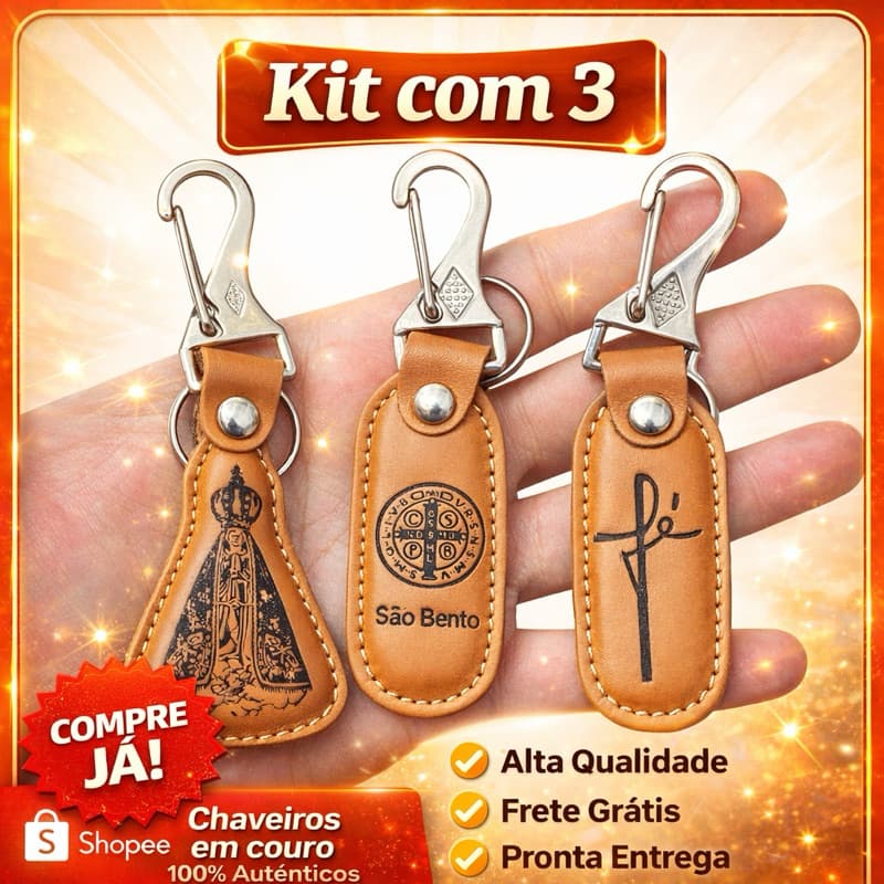 Kit Chaveiro Couro Nossa Senhora São Bento Fé Presente Católico Kit Revenda Reigioso
