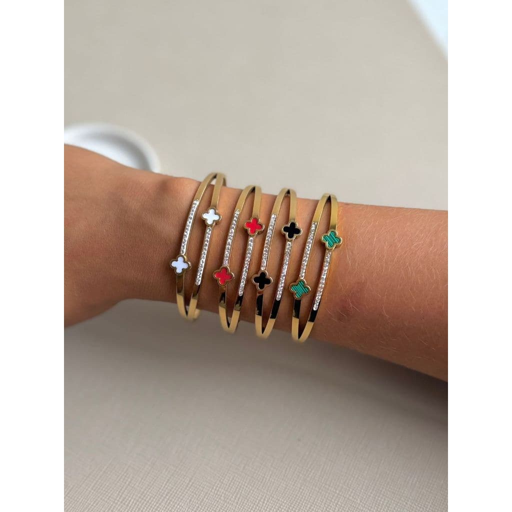 Bracelete Feminino em Aço Inoxidável Dourado com Brilho Brilhante Trevo Tendência Verde Vermelho