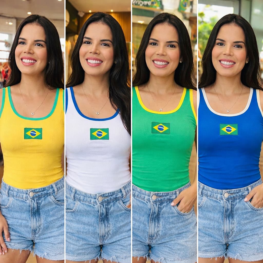 Regatas em malha canelada Brasil bandeira bordada copa confortável