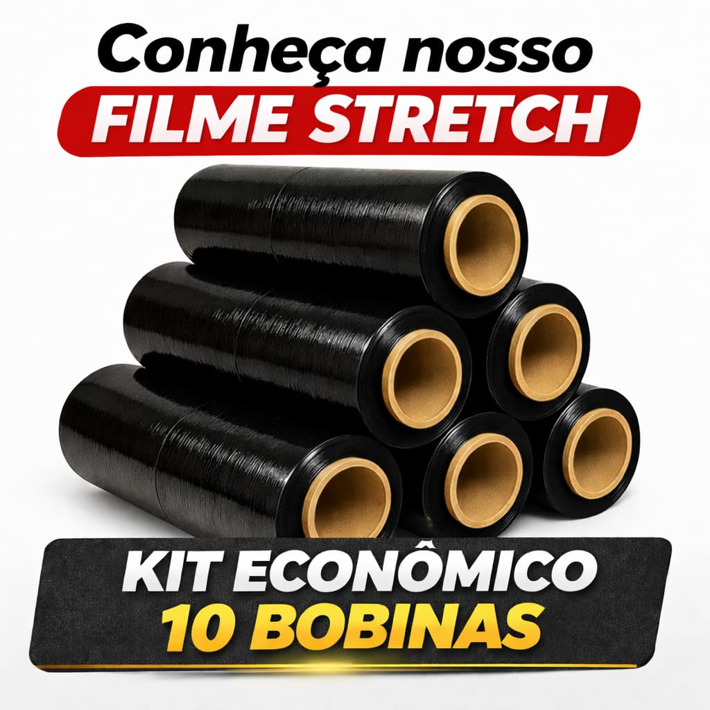 Kit 10 Bobinas Filme Stretch Preto 50cm x 25 micras - 400 metros por bobina - Atacado - Econômico