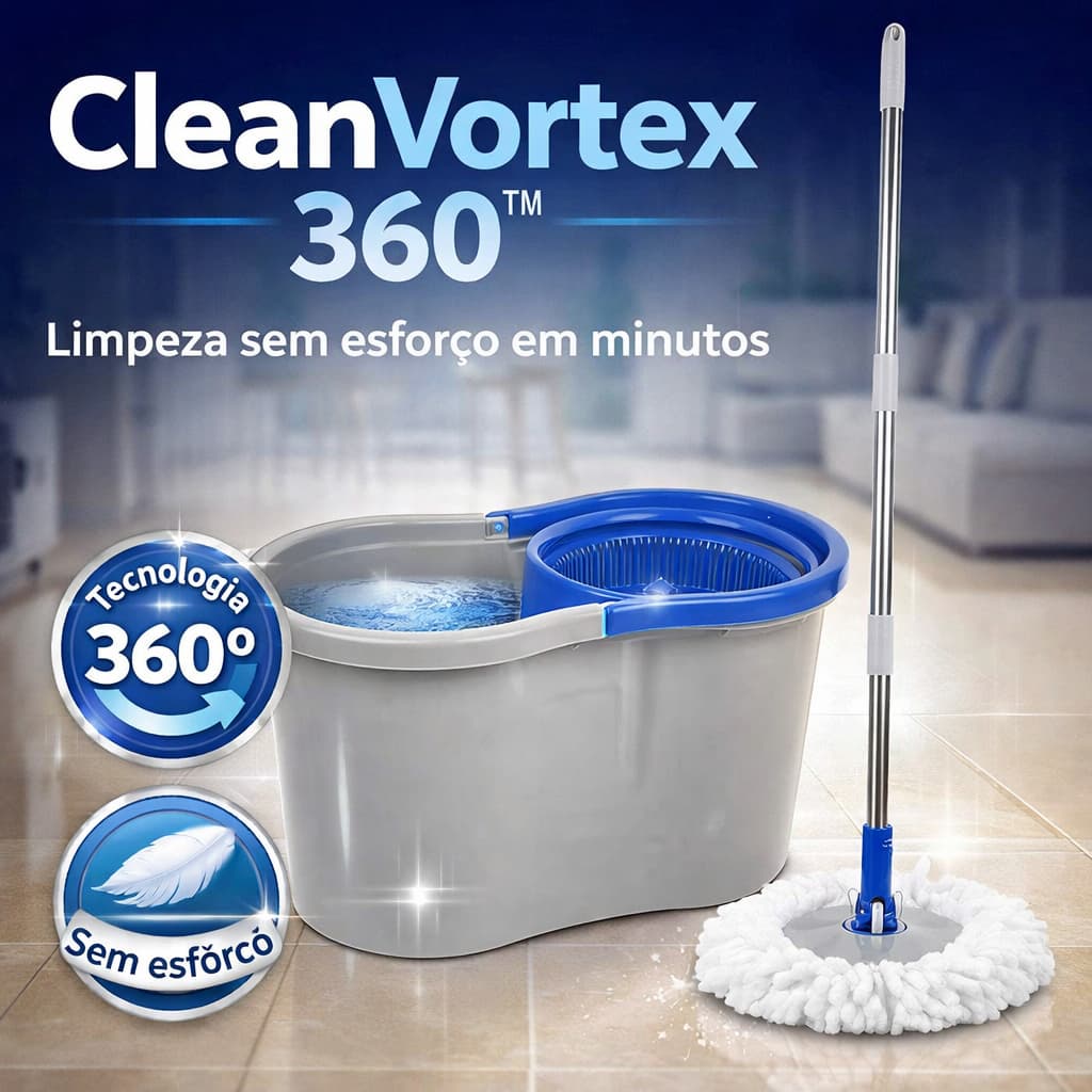 Mop Giratório CleanVortex 360° Balde Duplo C/ Centrífuga Limpeza Sem Esforço Profissional