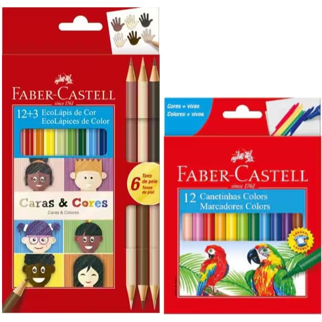 Kit 12 Lápis de Cor Caras e Cores + 6 Pele + 12 Canetinha Colors Lavável Faber-Castell