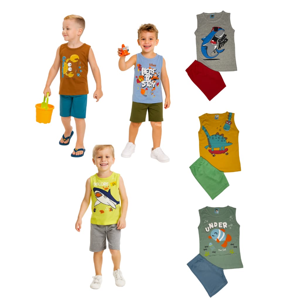 Kit 3 Conjuntos Sortido Regata Menino Verão 3 Regatas 3 Bermudas TAM 1 ao 8