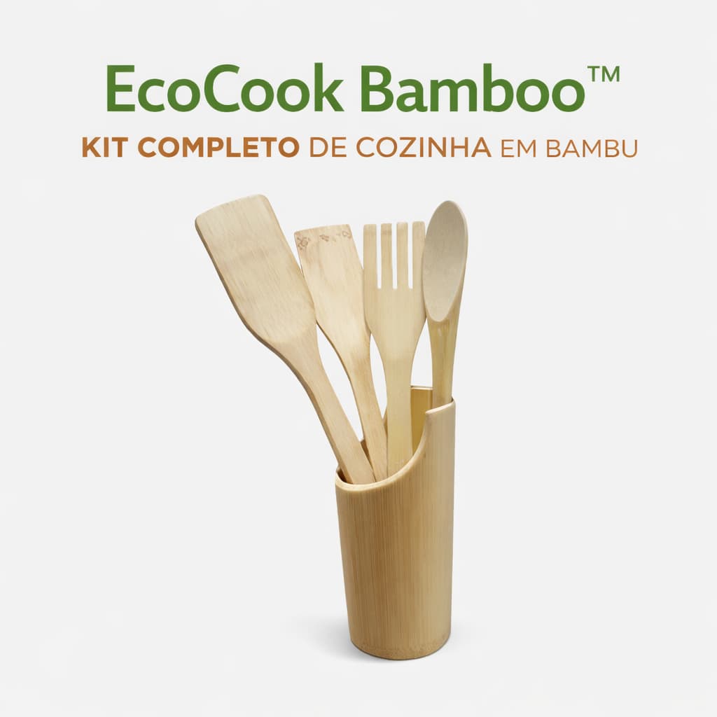 Kit Utensílios Cozinha Bambu 5 Peças Sustentável Antiaderente Resistente EcoCook Bamboo™