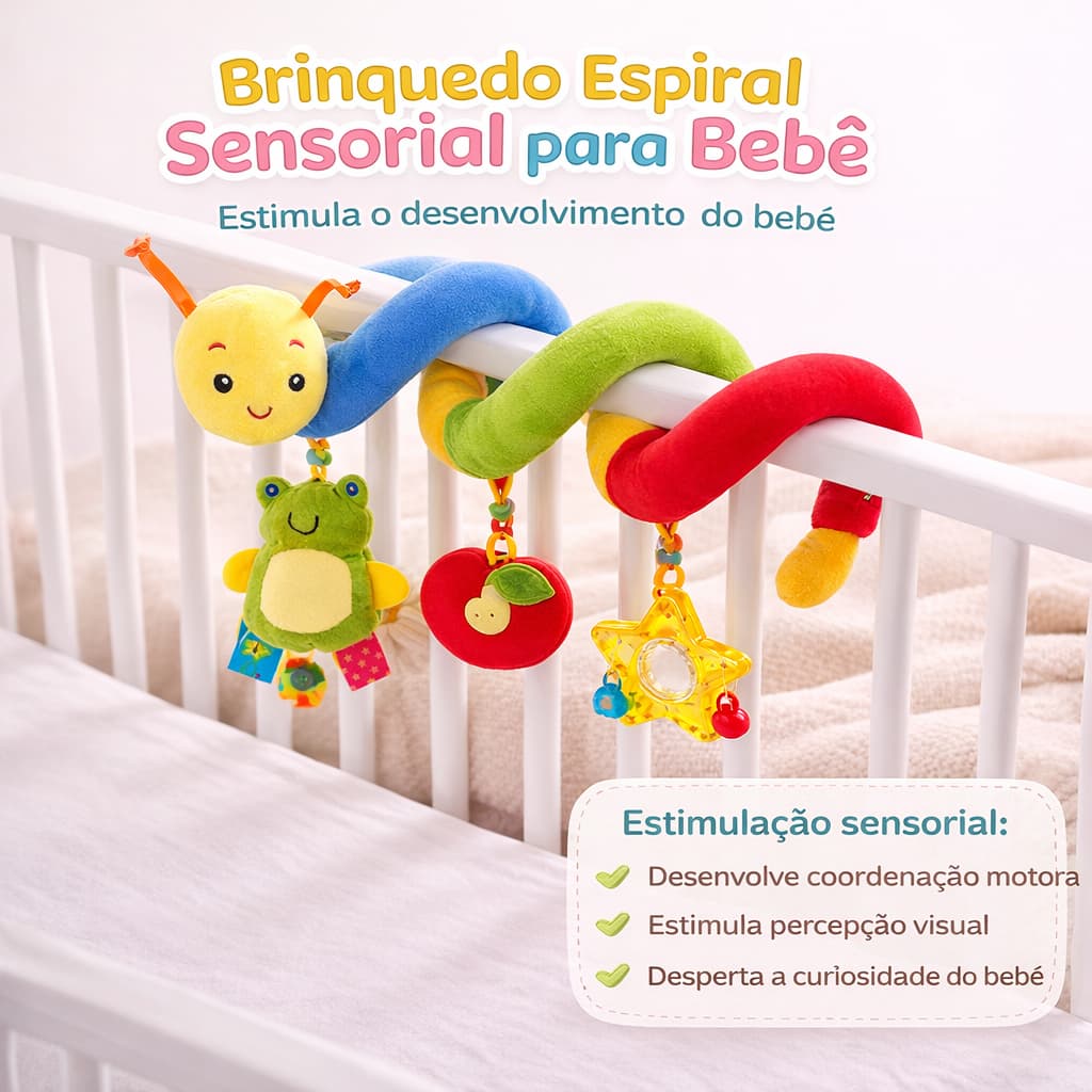 Brinquedo Espiral Sensorial Atividades Para Bebê Berço Carrinho Bebê Conforto Pelúcia Com Mordedor E Chocalho