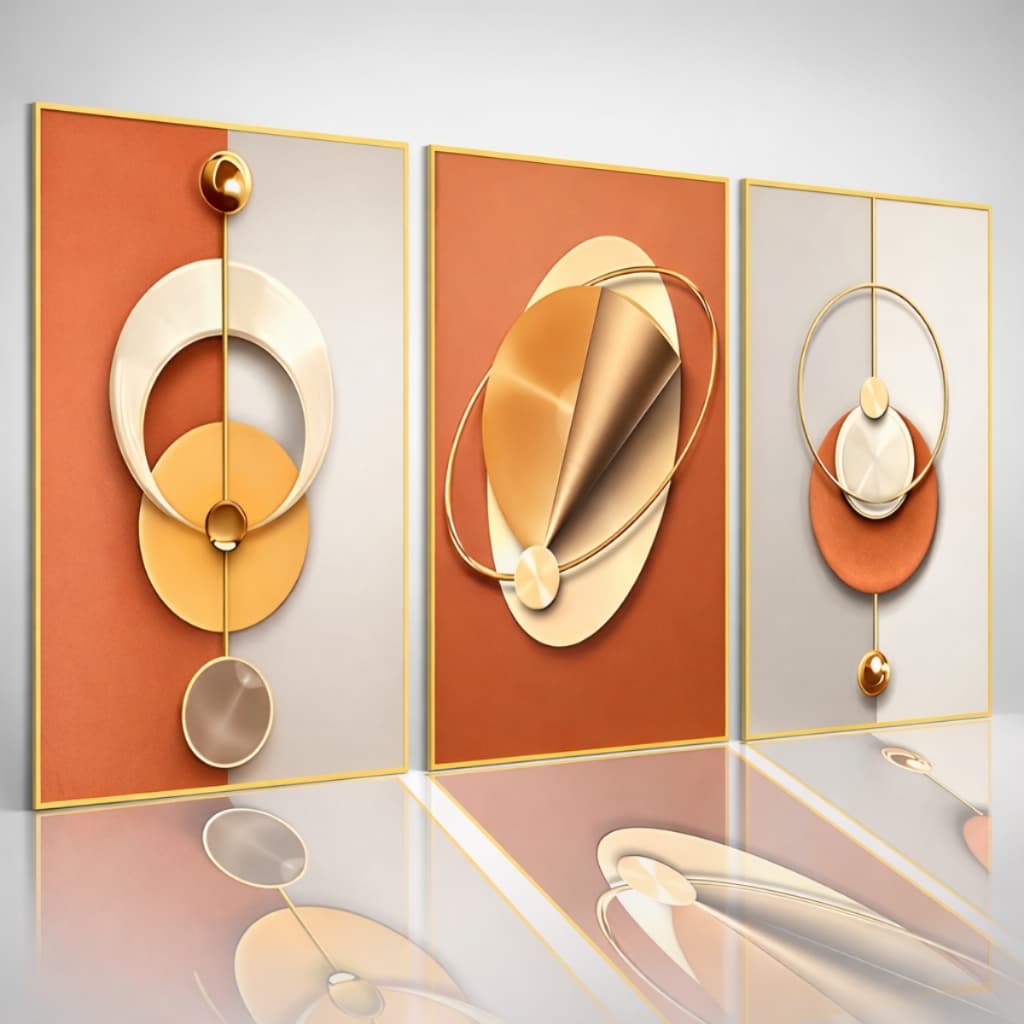 Quadros Decorativos 3 Peças Art Geometrico Laranja Sala Hall 122x60