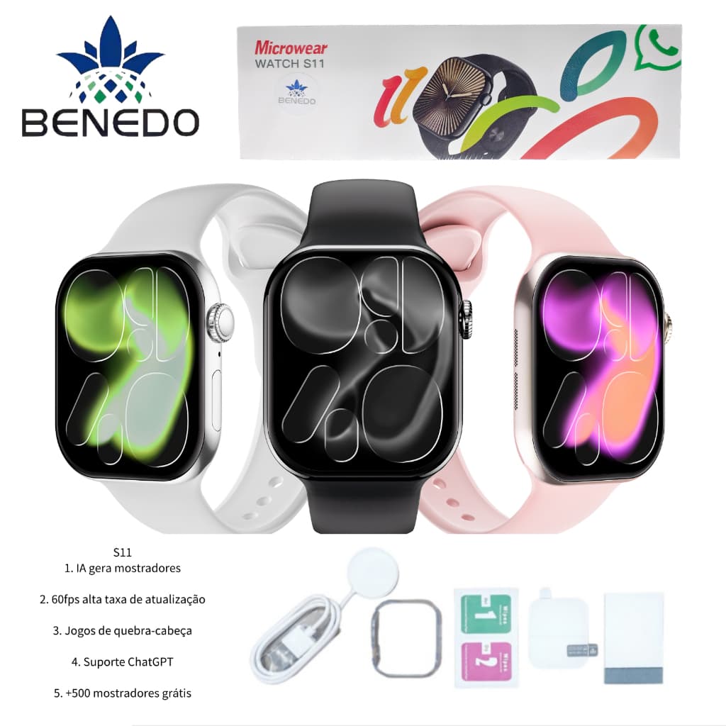 Smartwatch Microwear S11 Séries 11 46mm GPS 2 Pulseira capa pelicula Chat Gpt Original inteligentes