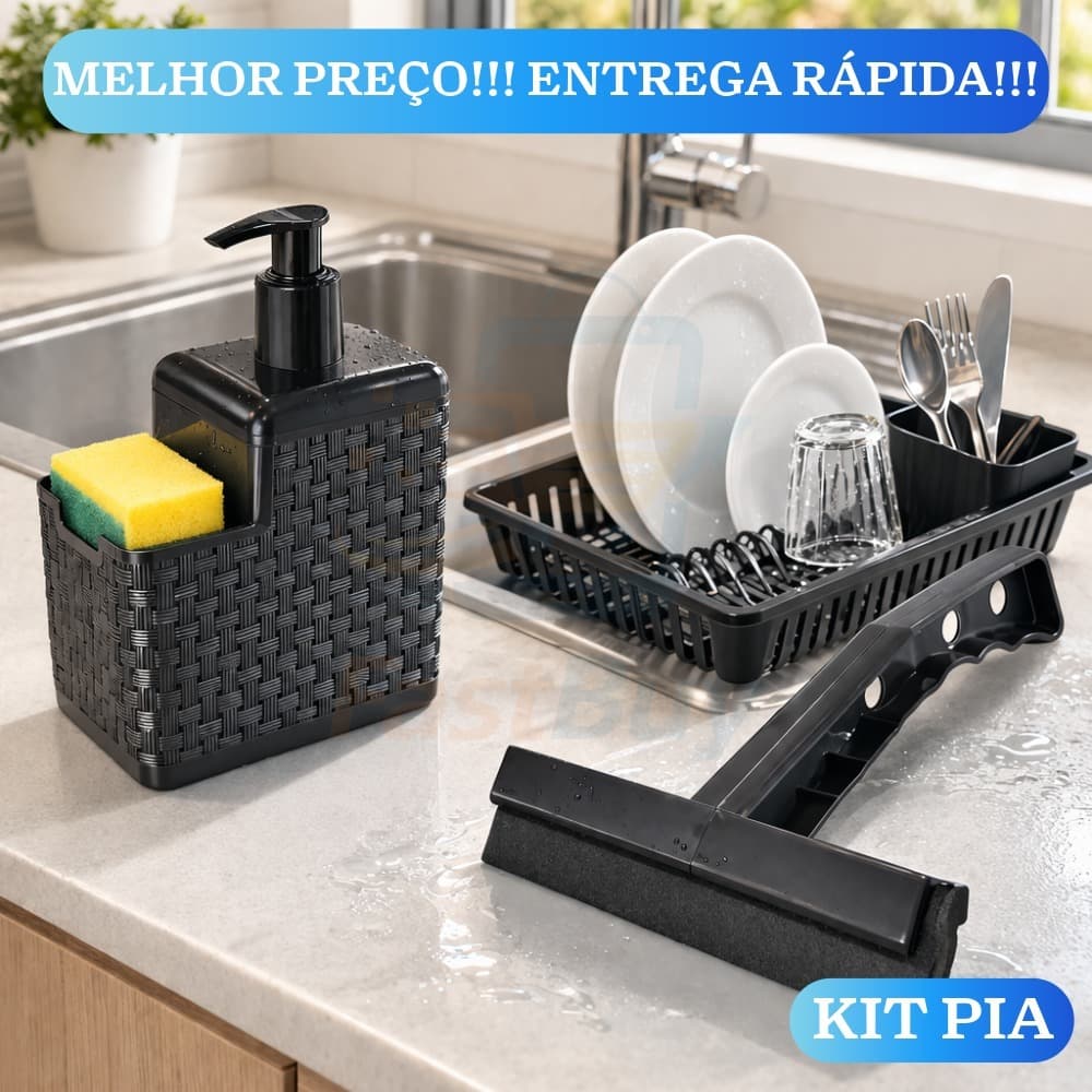 Organizador de Pia Cozinha Kit Completo Escorredor Louça Dispenser e Rodo Pia