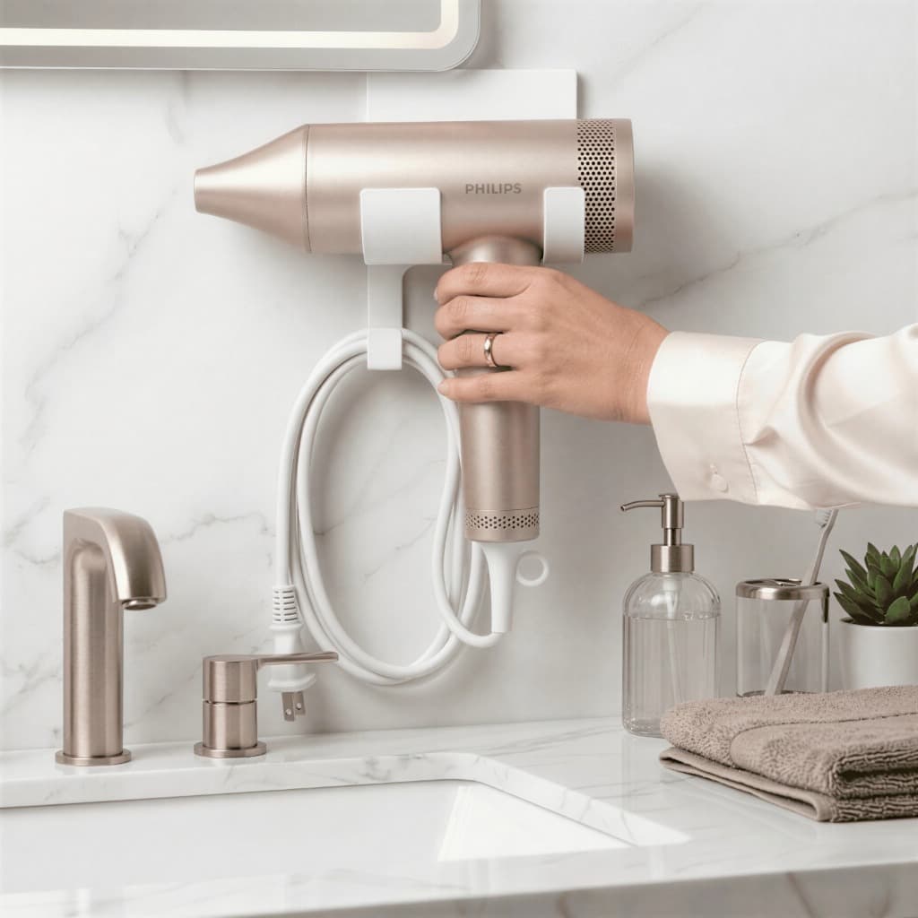 Suporte Para Escova Sedora e Secador de Cabelo de Parede com Fixação Dupla Face com e Porta Cabos
