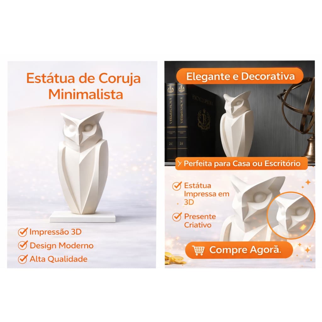 Coruja Decorativa 3D Minimalista – Escultura Moderna e Elegante | Decoração para Sala, Escritório e Estante | Presente