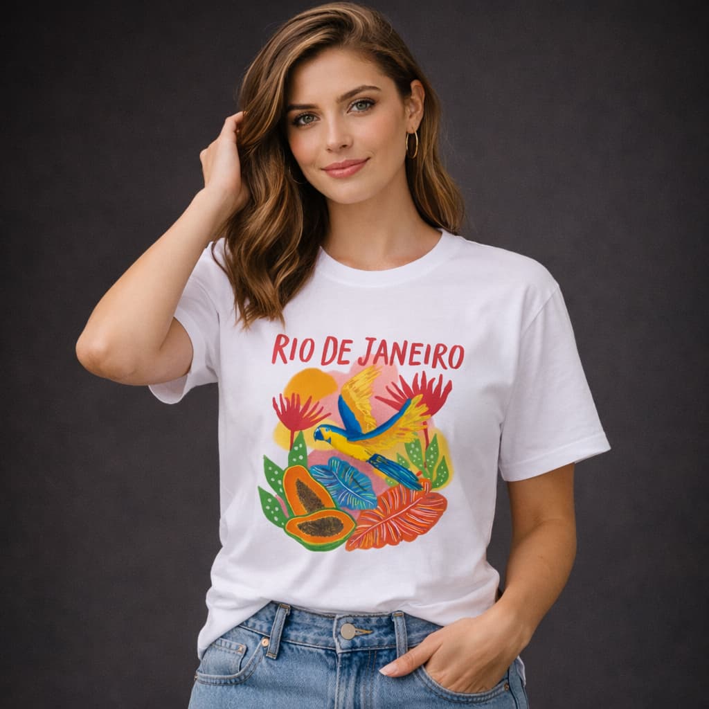 Camiseta Rio de Janeiro Estampada Tropical Arara Algodão Premium Camisa Feminina Verão