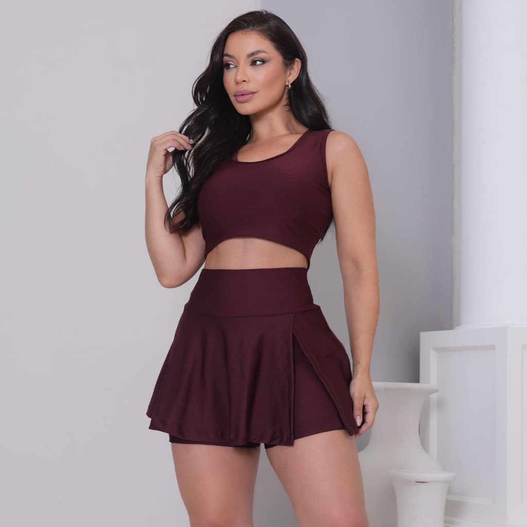 Short Saia Kit Top Bolso Feminino Fitness Conjunto