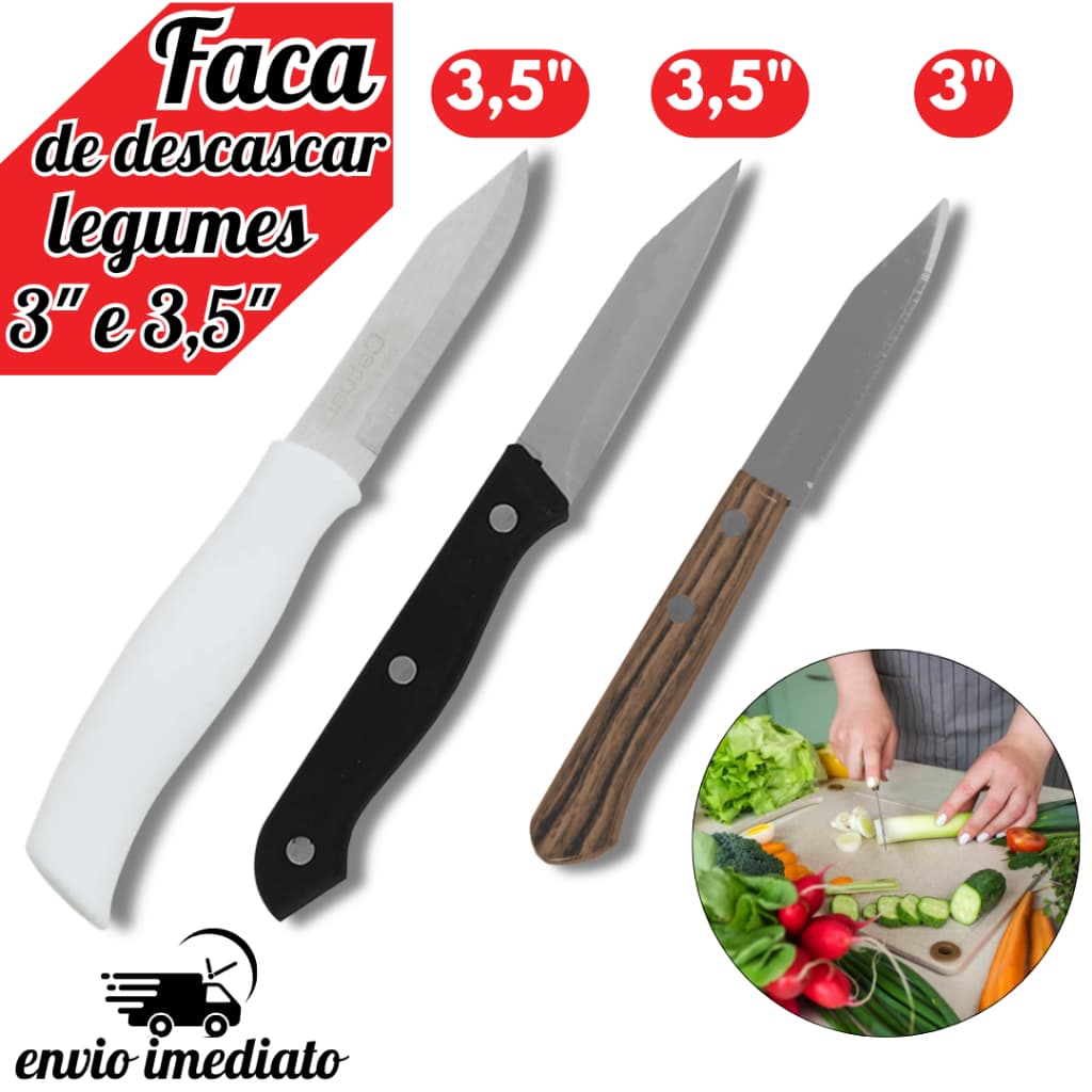 Faca de Legumes e Frutas Aço Inox Cabo Plástico Design Madeira ou Branco ou Preto Para Cozinha