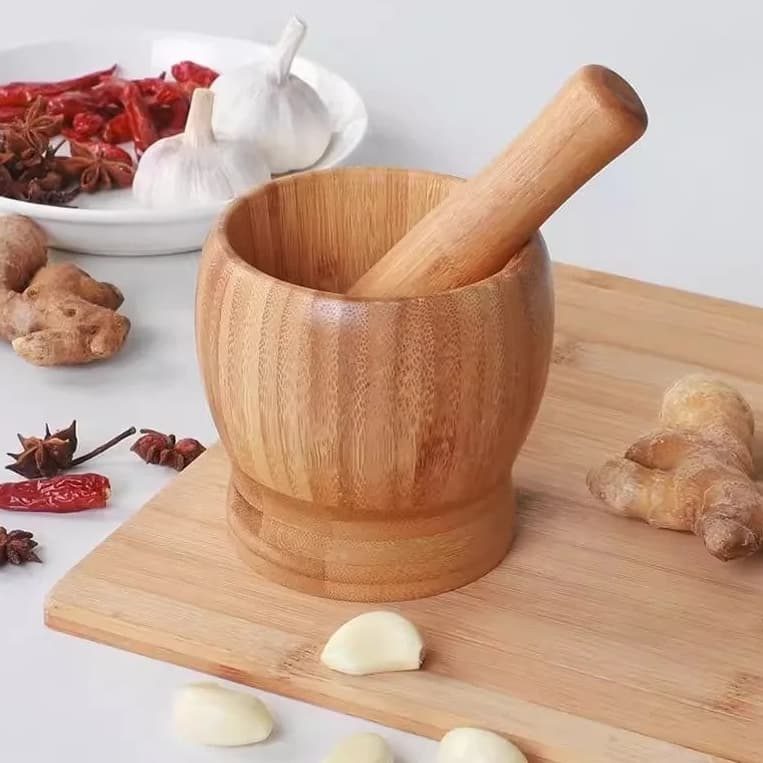 Pilão Socador Soquete De Alho De Madeira Bambu Natural - Linha Premium Original