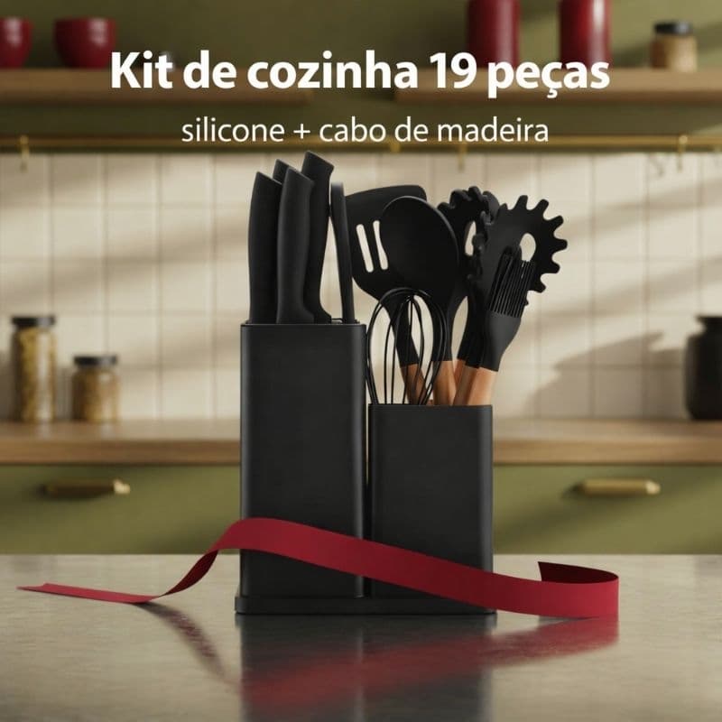 Kit Utensílios Cozinha Silicone Preto 19 Peças Cabo Madeira + Facas Inox e Tábua | Completo Premium Antiaderente