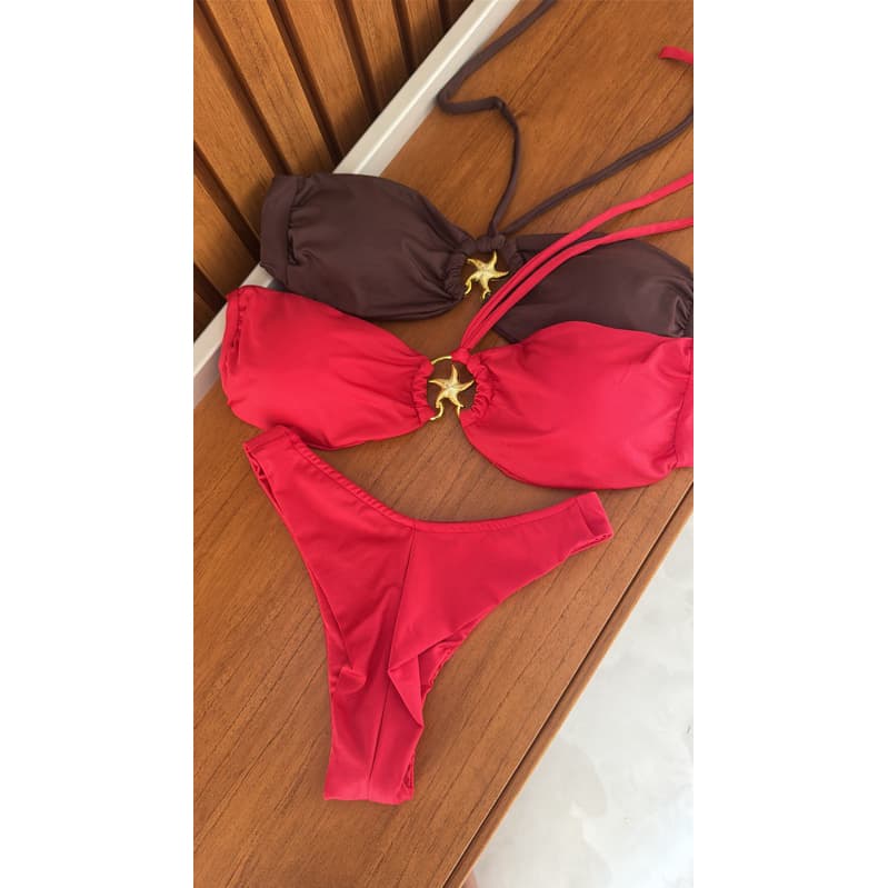 Conjunto de biquini meia taça com detalhe dourado luxo e calcinha asa delta moda gringa