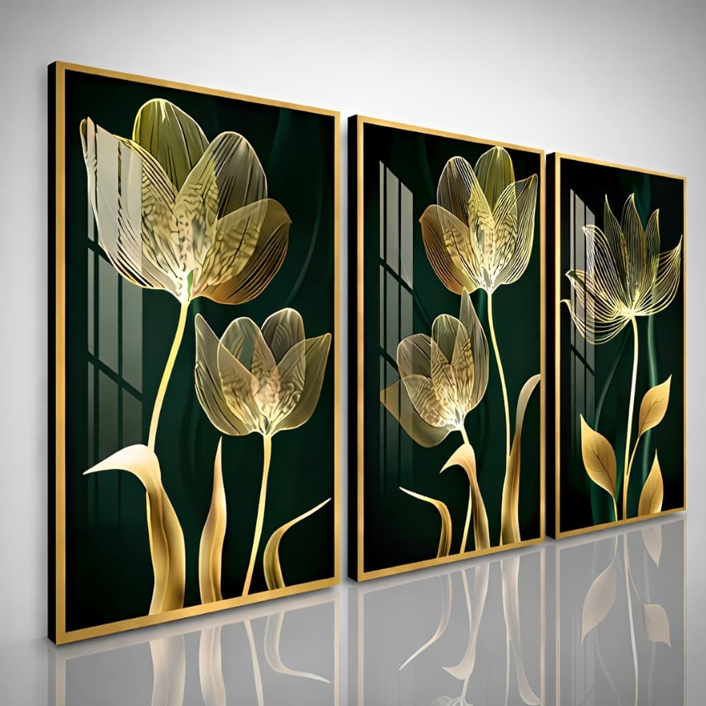 Quadro Decorativo Flor Abstrata Trio Gold Sala Quarto Hall