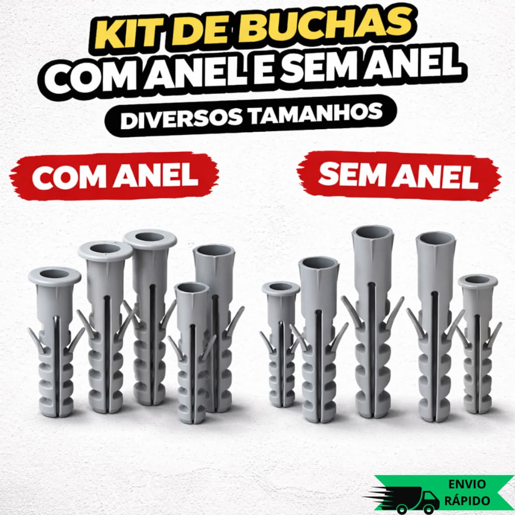 Kit 100/200 Buchas 6mm 8mm E 10mm Com Anel E Sem Anel Para Obra Parede E Concreto Alta Resistência