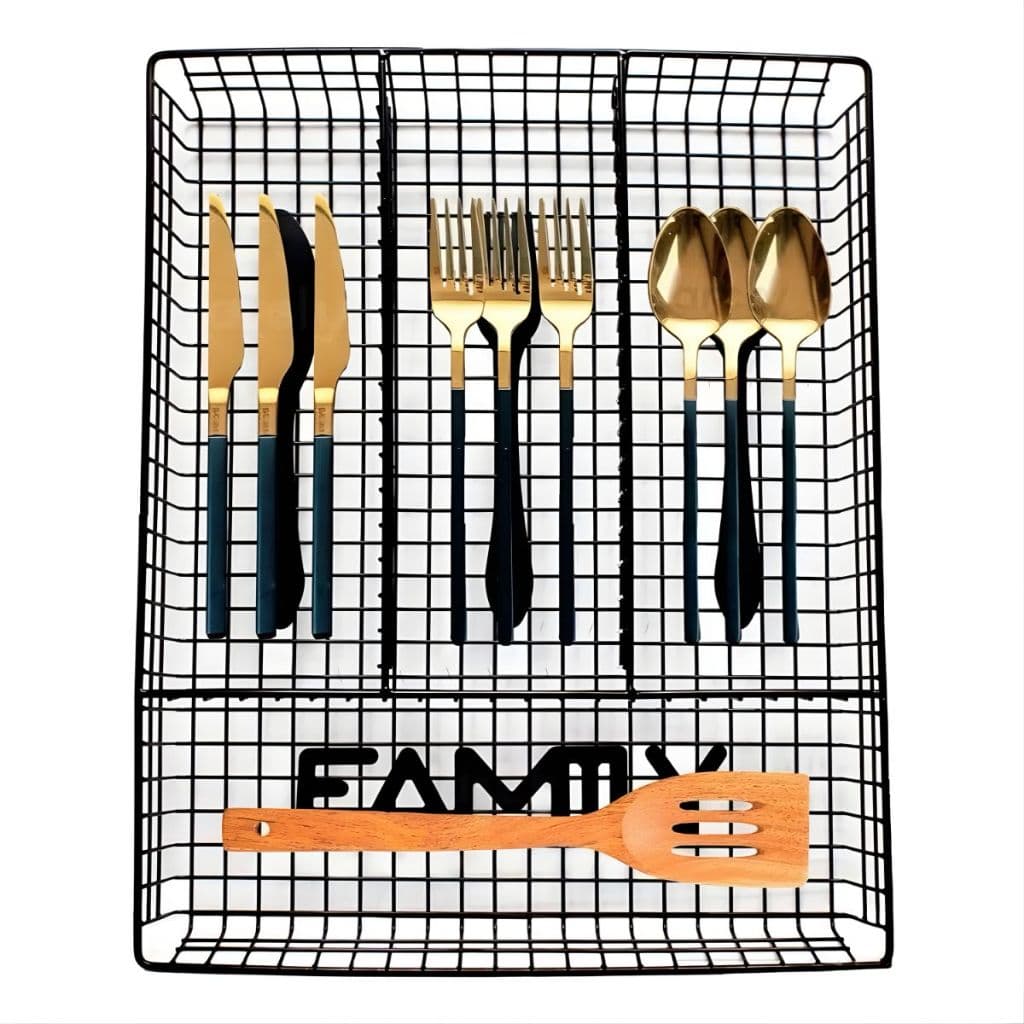 Organizador de Talheres para Gaveta em Metal Aramado Preto – 4 Divisórias | 32,5 x 26 x 4,5 cm