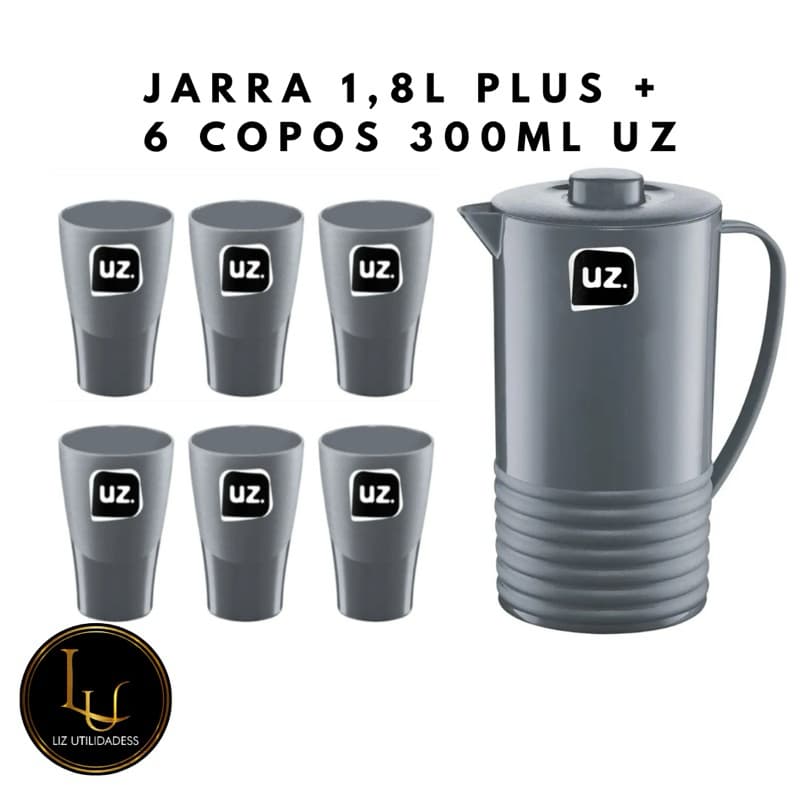Jarra Suco Água Plus Plástico com Tampa 1,8 Litros + 6/12 copos slim Qualidade UZ