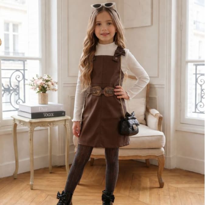 Jardineira De Couro Infantil + Blusa Canelado Para Meninas Estilo Festas Junina