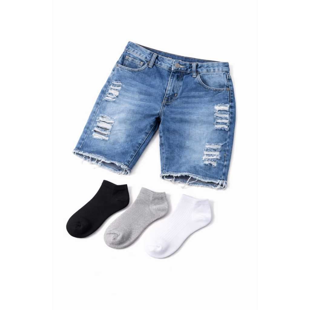 Bermuda Jeans Masculina Rasgada Desfiada + Kit com 3 Meias